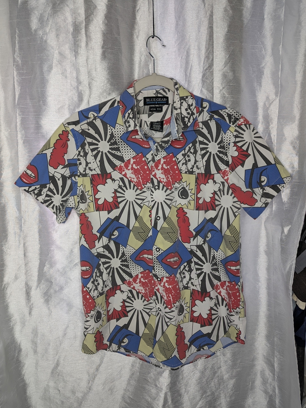 Blue Gear Men's Button Down Super Hero Short Sleeve pop art Small